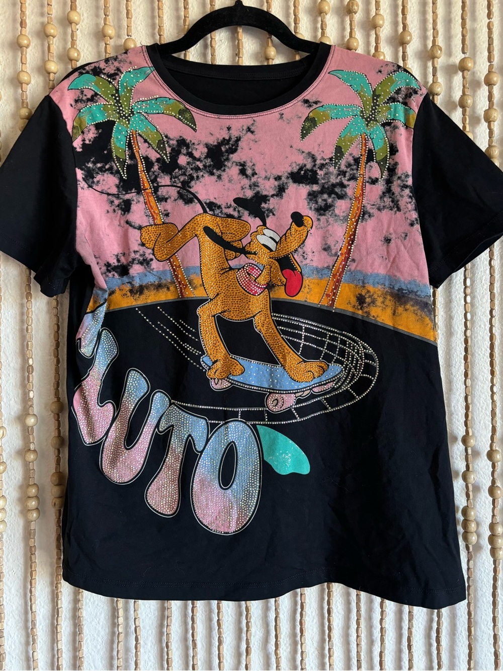 Pluto Dog Graphic Rhinestone Disney Multi Color Short Sleeve Embellished T Shirt